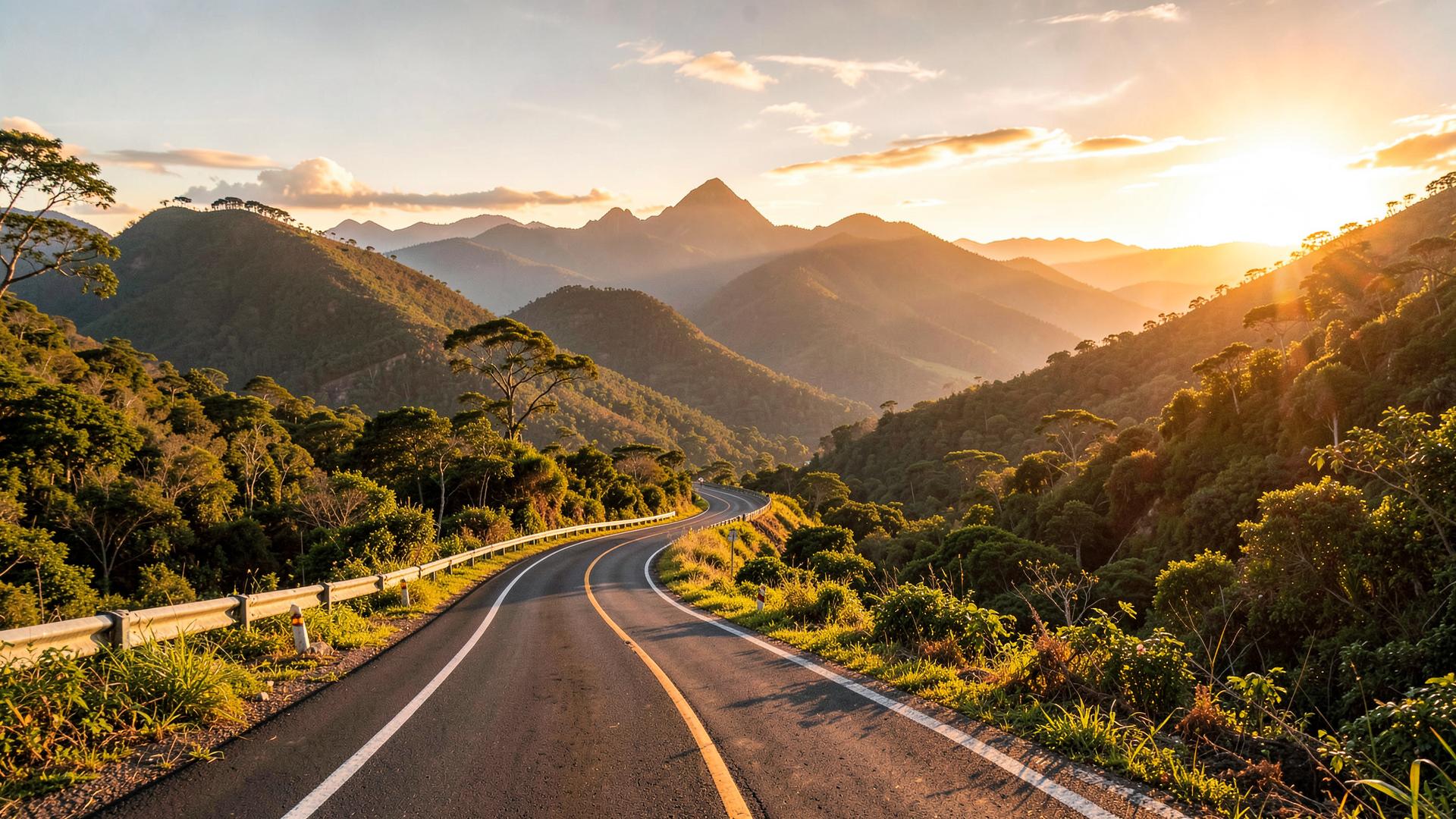 Estrada panorâmica atravessando paisagens brasileiras ao pôr do sol
